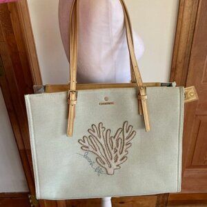 SPARTINA 449 beach life Beaded Coral Linen Blue Gold Tote Shoulder Bag